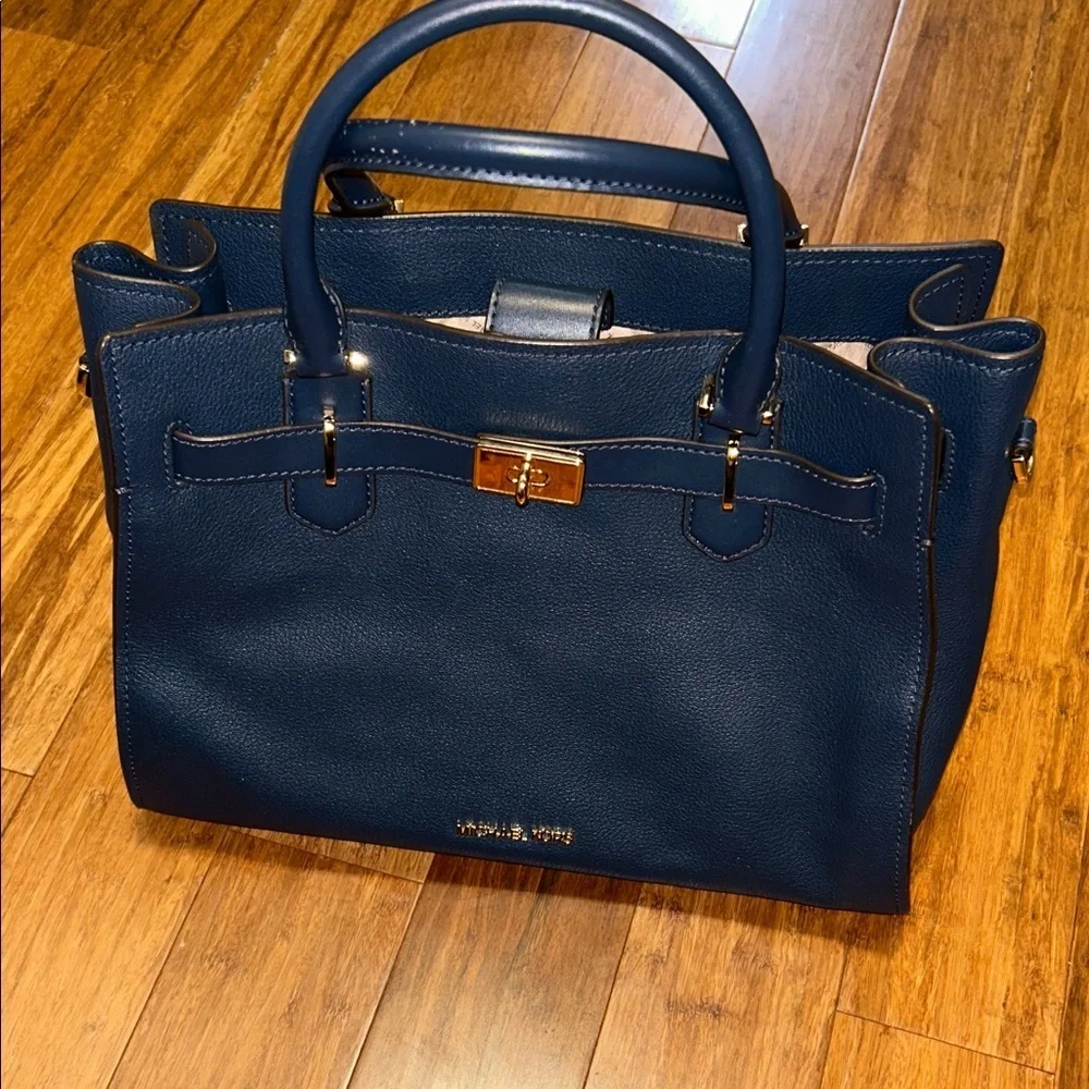 Michael Kors Navy Blue Large Satchel Tote Bag Gold Hardware